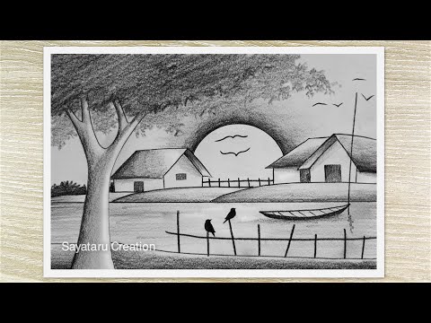 Beautiful Sunrise Scenery Drawing with Pencil, Easy Pencil Drawing step by step