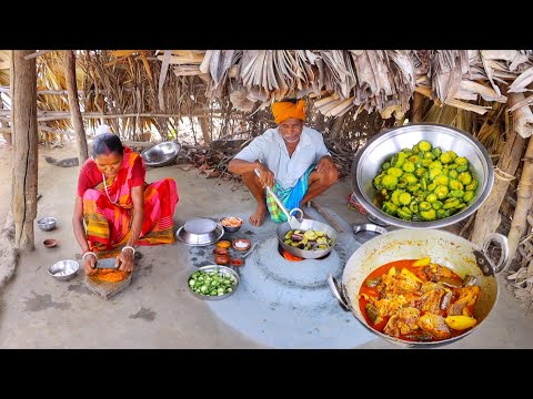ROHU FISH CURRY with BRINJAL and KARELA VAJI recipe cooking & eating by santali tribe old couple