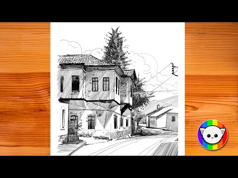 How to draw street scenery - House drawing - Urban sketch process