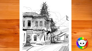 How to draw street scenery - House drawing - Urban sketch process
