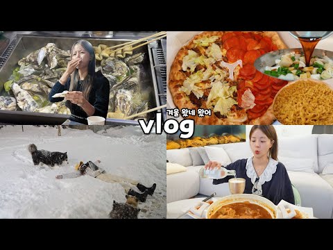 [먹방vlog] 겨울 너 드디어 왔구나..? _ 굴찜+석화+만두전골 레시피+까르보불닭+양파장아찌+단독주택 첫겨울+붕어빵+쌀국수+랭쌥