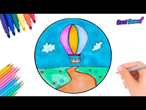 Cómo dibujar UN PAISAJE CON UN GLOBO AEROSTÁTICO - dibujos fáciles Paso a paso