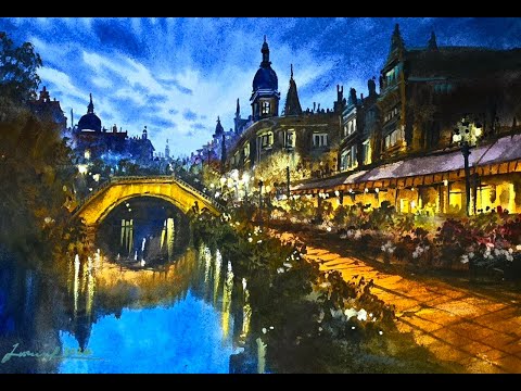 Watercolor cityscape tutorial - cloudy night