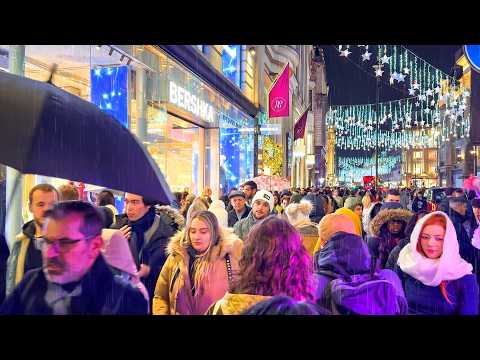 London Rain Walk ☔️ Crowded Oxford Street & Regent Street, Christmas 2024 ✨ 4K HDR