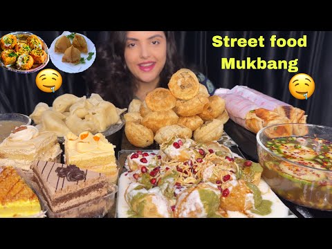 Eating Indian Street Food: Panipuri, Dahi Puri, Momo, Chicken Roll, Pastry| Street Food Mukbang Show