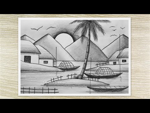 Beautiful Sunrise Nature Scenery Drawing with Pencil, Pencil Drawing for Beginners