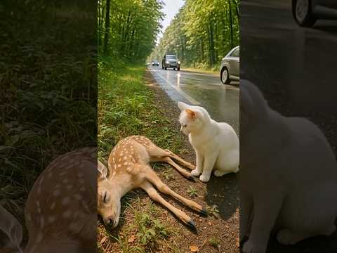White Cat Saves Baby Deer’s Life on a Forest Road