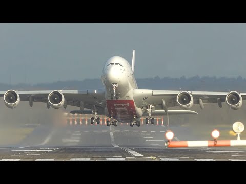 60 MINUTES of CROSSWIND LANDINGS during a STORM at Düsseldorf - Airbus A380, Dash8, B767 ... (4K)