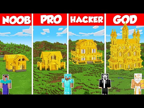 Gold House Build Battle Challenge - Noob vs Pro vs Hacker vs God - Minecraft Animation