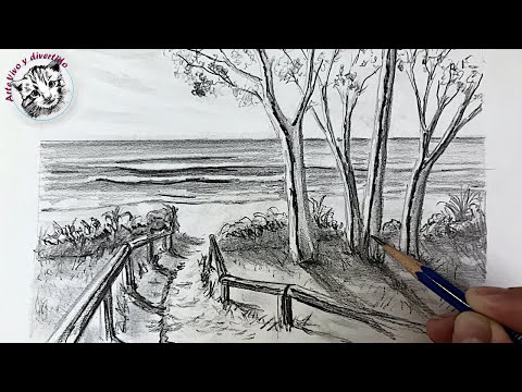 Cómo Dibujar un Paisaje a Lápiz FÁCIL y Paso a Paso ✏️ | Mar, árboles y arena