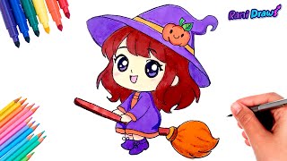 Cómo dibujar una BRUJA KAWAII fácil paso a paso ⭐