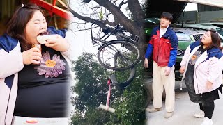 The Greedy Fat Girl Was So Obsessed With Food That She Pumped Up Her Bicycle To The Sky!