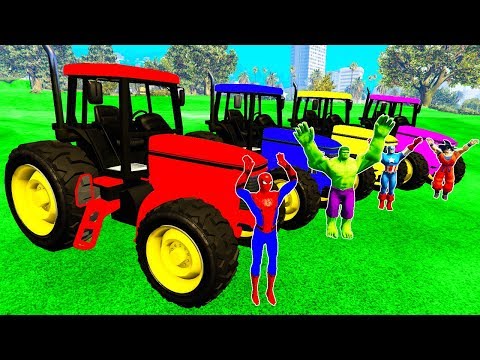 Colors Cars w Tractors Spiderman Cartoon w Superheros Mission On FARM