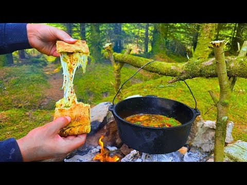 Primitive CHICKEN STEW with Stone Baked Bread | ASMR Cooking in Nature