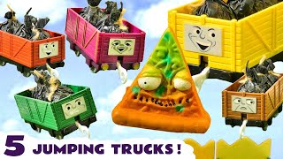 5 Colorful Trucks jumping on the bed fun with Thomas and the Funlings