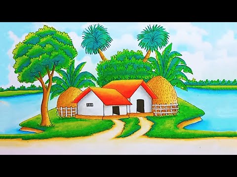 How to Draw a Beautiful Village Landscape Scenery Step by Step | Easy Oil Pastel Drawing Tutorial