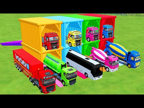 TRANSPORTING EXCAVATOR, DUMP TRUCK, BULLDOZER, POLICE CARS TO GARAGE WITH MAN TRUCK - FS22