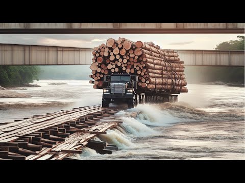 Dangerous Fastest Huge Truck Over Heavy Wood Bridge Skill, Extreme Truck Idiots Fails Operator Skill