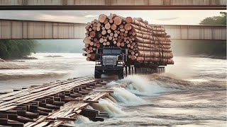 Dangerous Fastest Huge Truck Over Heavy Wood Bridge Skill, Extreme Truck Idiots Fails Operator Skill