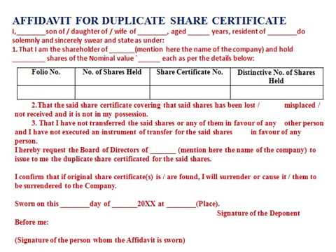 AFFIDAVIT FOR DUPLICATE SHARE CERTIFICATE