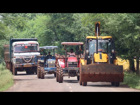 JCB 3dx Loading Mud in Mahindra and Swaraj Tractor with John Deere and Tata Truck