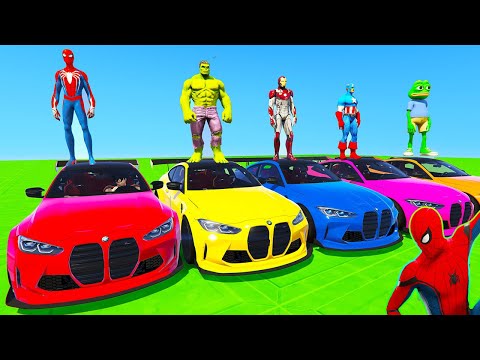 SPIDERMAN CARS MEGA MULTI Ramp JUMP Challenge ! SUPERHERO HULK Goku Epic new Stunts BMW Race - GTA V