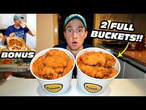 EATING TWO BUCKETS OF CHICKEN STRIPS AND FRIES CHALLENGE | Spicy Pizza Eating Contest (Bonus)