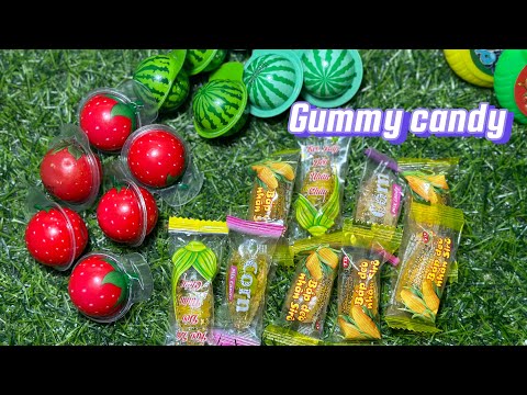 Lots of delicious gummy: strawberry, watermelon and corn #gummy #candy #satisfying