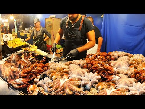 Street Food from Apulia, Italy. Grilled Octopus, 'Burrata' Cheese, 'Puccia'. Best of Puglia