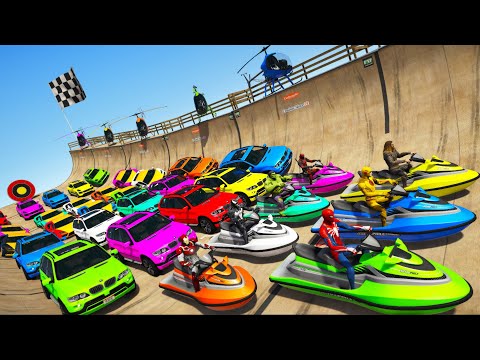 Novos Multi Rampa e Homem Aranha Desafio com Carros Jet Ski Helicópteros Epic New Stunt Racing GTA 5