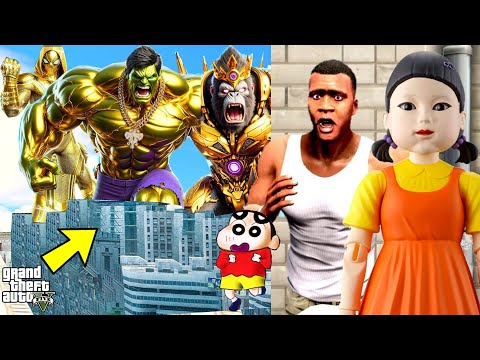 Franklin and Shinchan & Pinchan play HIDE AND KILL with GOLDEN HULK,KONG & Squid Game Doll In GTA 5