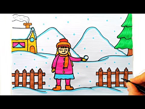 Kar Topu Oynayan Kız Çizimi - Kar Resmi Çizimi - Kar Manzarası Çizimi - How To Draw a Winter