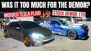 This Race Will Have Fans Arguing... Modded Tesla Plaid & C8 E-Ray vs Dodge Demon 170 Drag Race