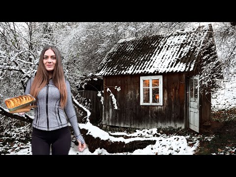 Winter camping in Abandoned cabin | Old wood Stove & Oven cooking | Solo ASMR