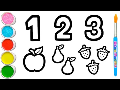 Gambar Nomor 1, 2 dan 3 dengan Buah Menggambar, Melukis, Mewarnai untuk Anak & Balita 🍎🍐🍓 #403