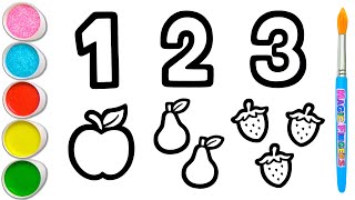 Gambar Nomor 1, 2 dan 3 dengan Buah Menggambar, Melukis, Mewarnai untuk Anak & Balita 🍎🍐🍓 #403