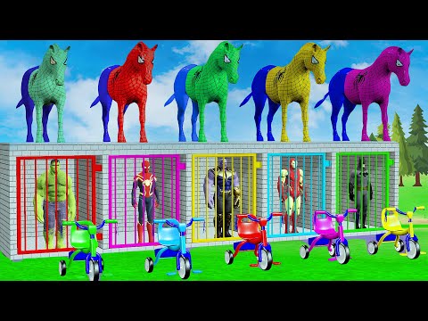 Red HORSE SPIDERMAN Crossing On RAINBOW FOUNTAIN Bridge With Horse Superheroes Rescue Animals Game