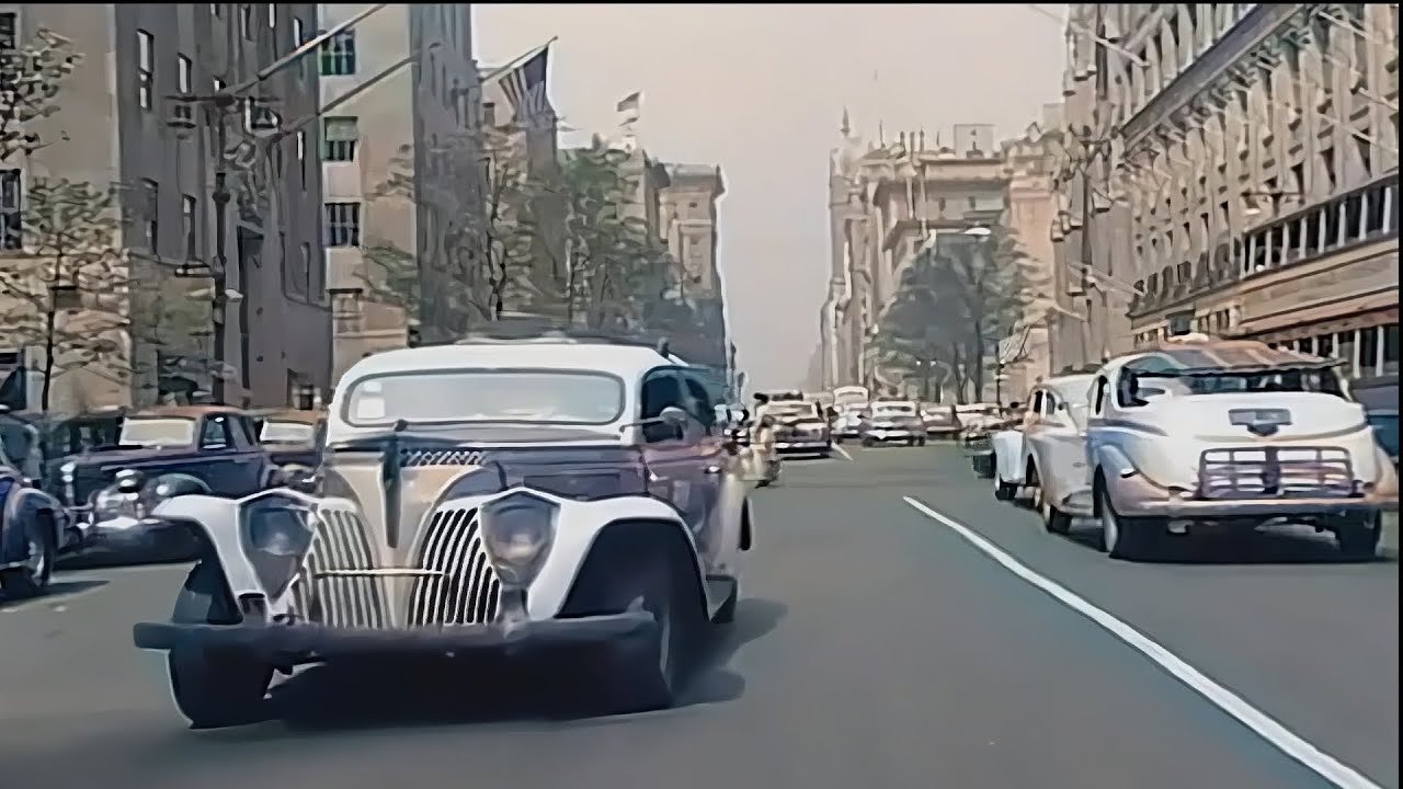 New York 1940s in Color!, Driving Downtown [60fps,Remastered] w/ sound design added