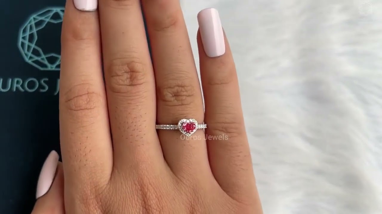 Pink Heart Cut Lab Diamond Ring | Heart Diamond Halo Engagement Ring