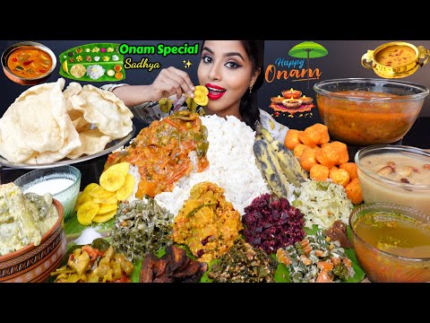 ASMR Eating South Indian Thali Sadhya,Sambar,Kheer,Rice,Veg Stir Fry,Papad ASMR Eating Food Video