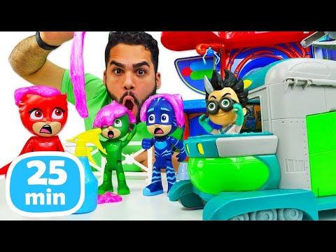 A armadilha pegajosa! PJ Masks enfrenta desafio surpresa de Romeo.  Vídeo infantil.