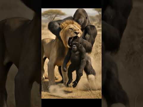 새끼 고릴라를 사자에게 구하기 위해 필사적인 어미 고릴라 Mother Gorilla Desperate to Save Baby Gorilla From Lion