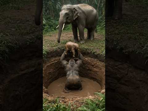 고릴라! 아기 코끼리 구조.(A gorilla rescues a baby elephant from a deep sinkhole.)