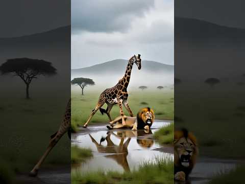 the giraffe mother fought furiously against the lion and drove the strong enemy away by biting
