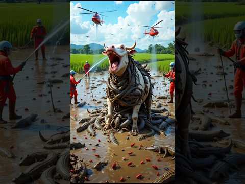 Rescue Team's 🚑🐄Brave Effort to Save a Drowning Cow from a #humanity #cow #animals #rescue #cowlover