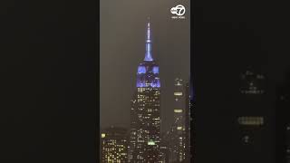 ESB lit up light blue Friday night to celebrate Taylor and Travis' wedding at MSG