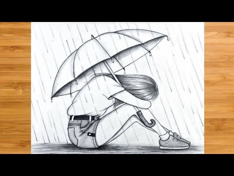 Alone girl pencil drawing||How to draw a sad girl for beginners||sad girl drawing with umbrella