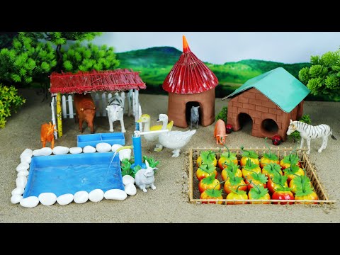 DIY Farm Diorama with house for animals | mini hand pump supply water for cow