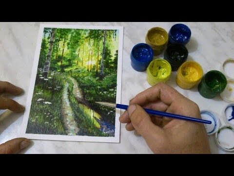 Лесная дорога, утро в лесу (гуашь для начинающих)