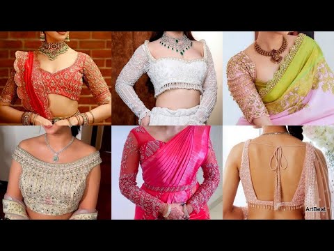 New Fashionable Neck Sleeve Designs For Saree Croptop Lehengas 2024 Best Traditional Blouse Designs